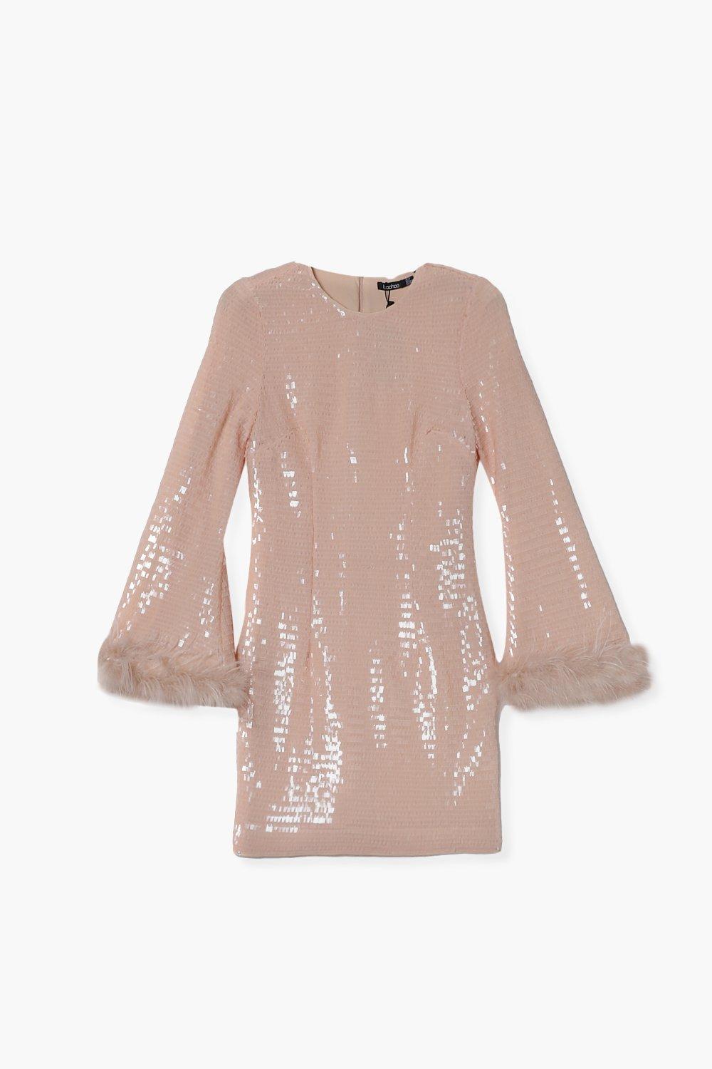 Premium Sequin Feather Cuff Shift Party Dress boohoo NZ